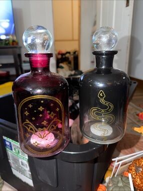 Purple & Smoky Glass Apothecary Bottles with Gold Accents